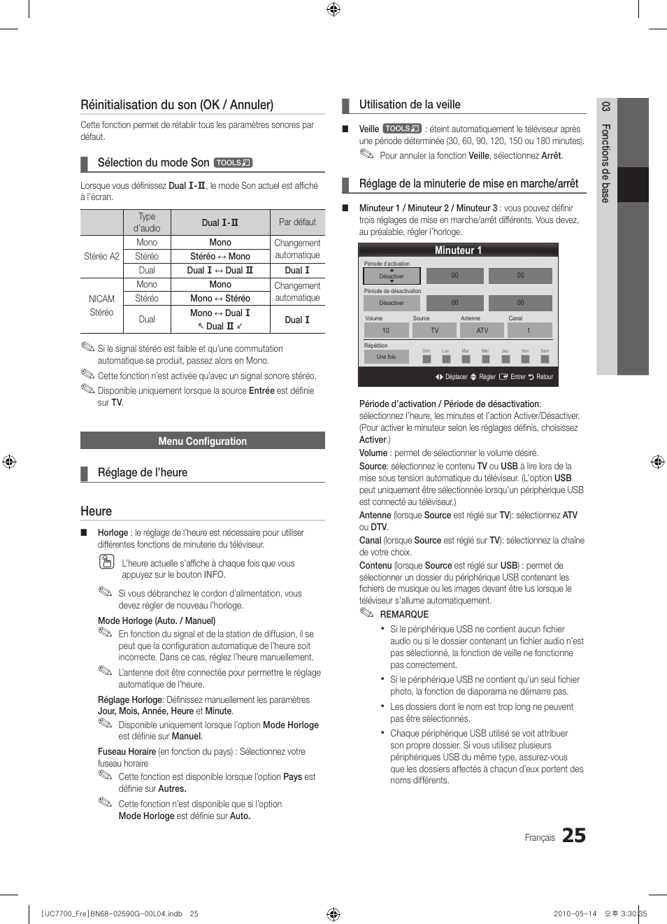 Réinitialisation du son (ok / annuler), Heure | Samsung UE40C7700WS User Manual | Page 89 / 258