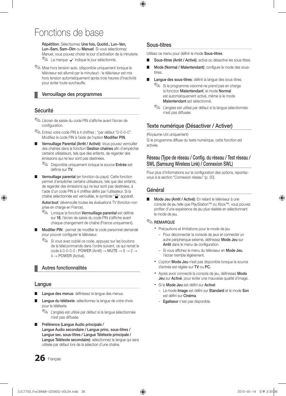 Fonctions de base, Sécurité, Langue | Sous-titres, Texte numérique (désactiver / activer), Général | Samsung UE40C7700WS User Manual | Page 90 / 258