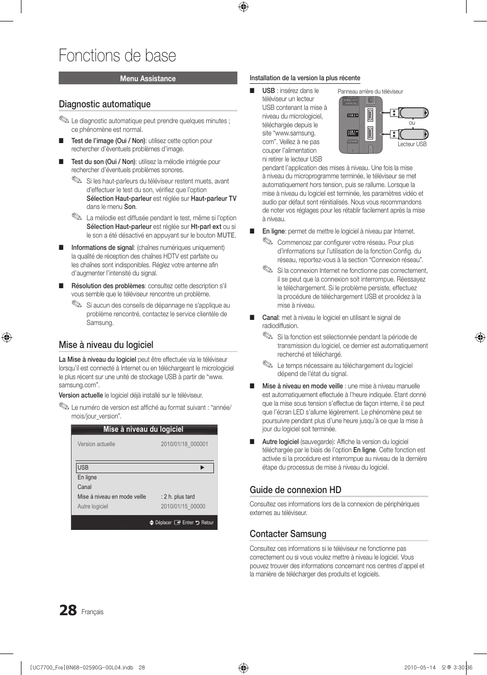 Fonctions de base, Diagnostic automatique, Mise à niveau du logiciel | Guide de connexion hd, Contacter samsung | Samsung UE40C7700WS User Manual | Page 92 / 258