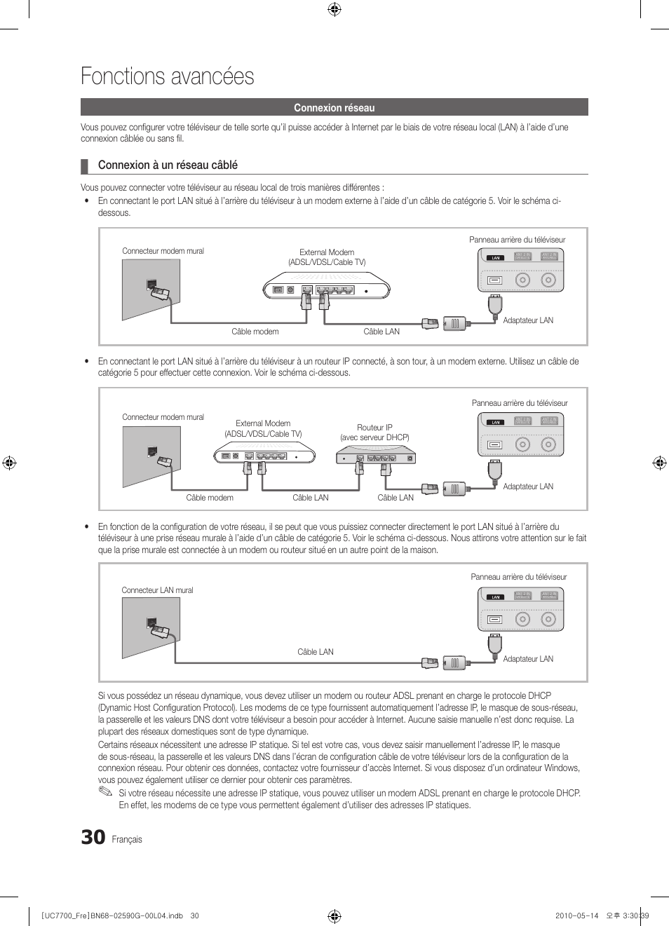 Fonctions avancées, Connexion à un réseau câblé, Connexion réseau | Français | Samsung UE40C7700WS User Manual | Page 94 / 258