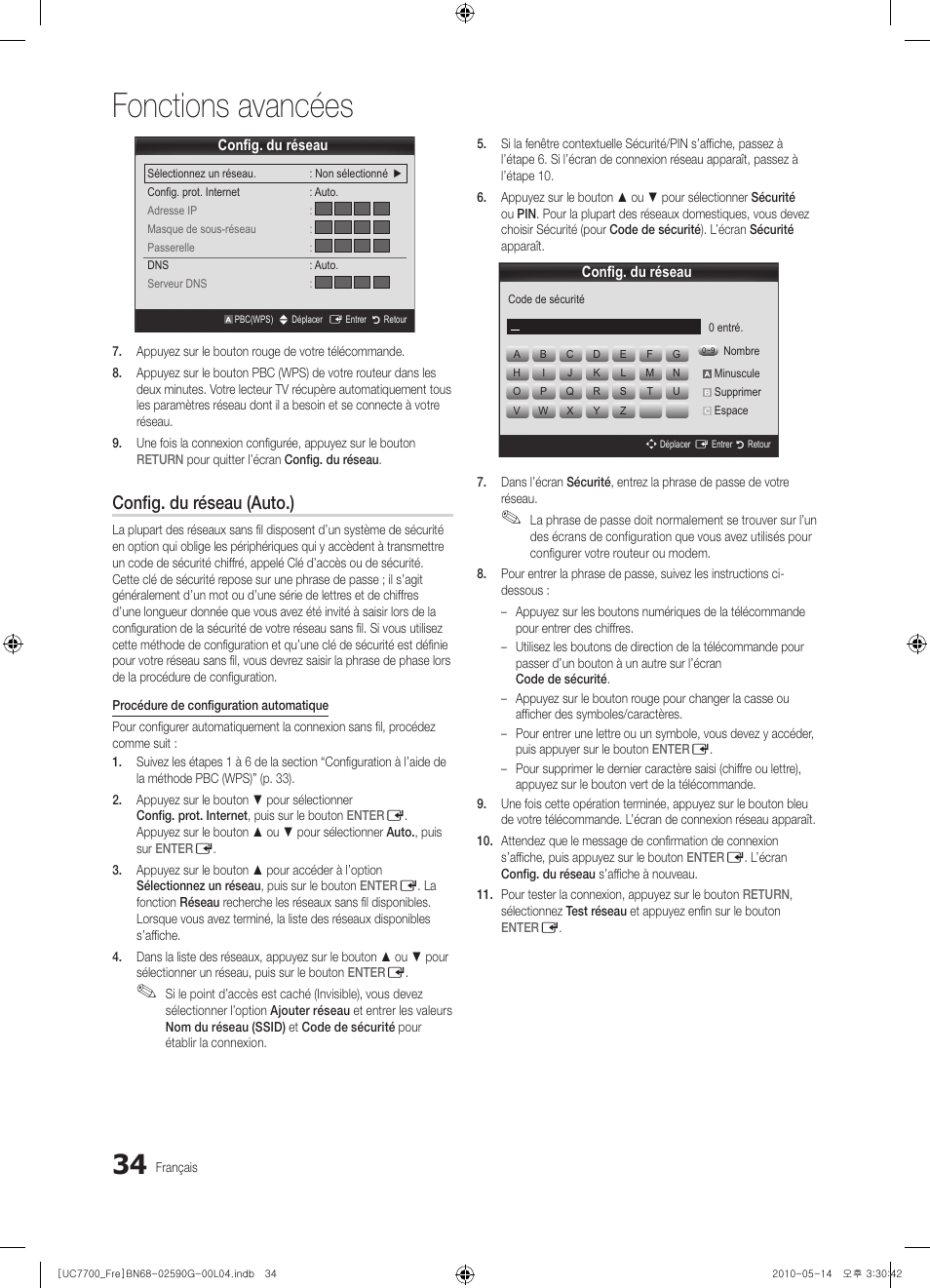 Fonctions avancées, Config. du réseau (auto.) | Samsung UE40C7700WS User Manual | Page 98 / 258