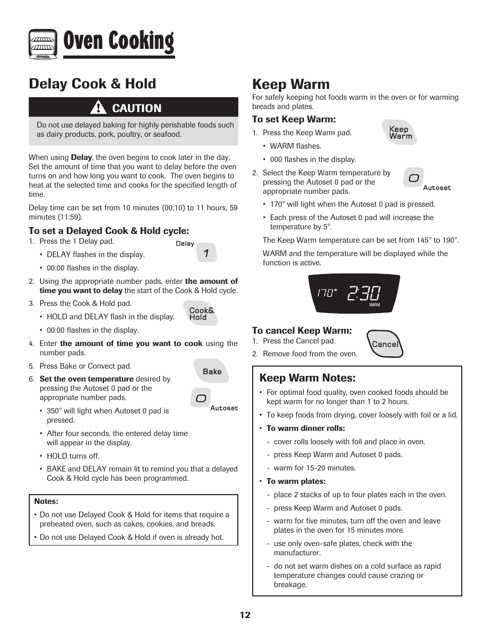 Oven cooking, Keep warm, Delay cook & hold | Caution | Amana AER5845RAW User Manual | Page 13 / 84