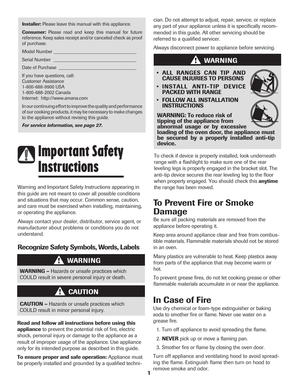 Important safety instructions | Amana AER5845RAW User Manual | Page 2 / 84