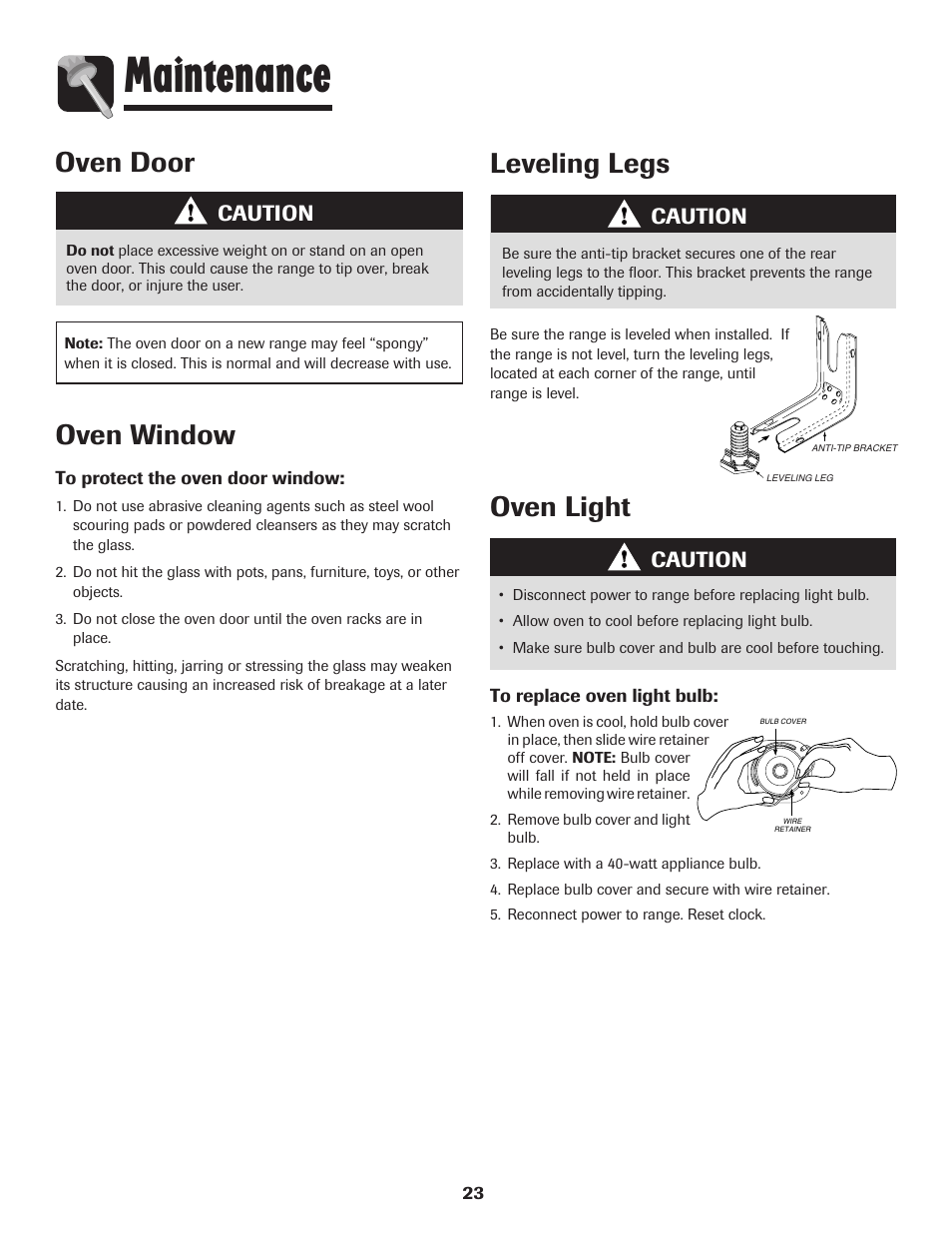 Maintenance, Oven door, Oven window | Leveling legs, Oven light, Caution | Amana AER5845RAW User Manual | Page 24 / 84