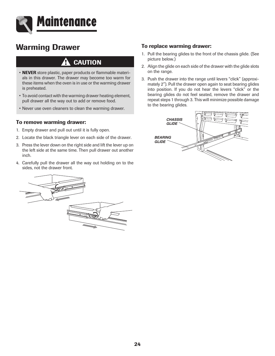 Maintenance, Warming drawer, Caution | Amana AER5845RAW User Manual | Page 25 / 84