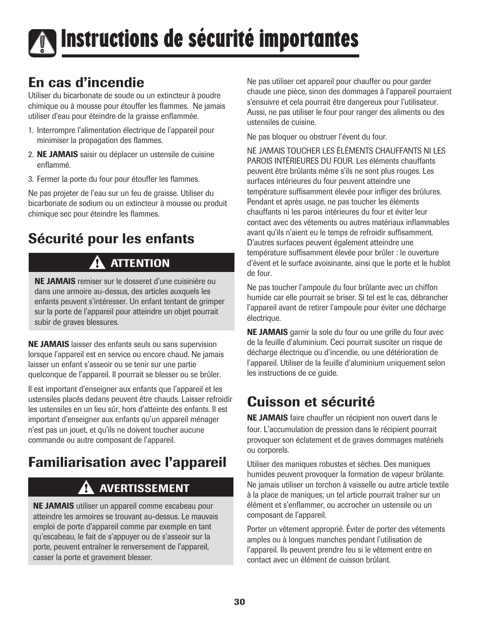 Instructions de sécurité importantes, En cas d’incendie, Sécurité pour les enfants | Cuisson et sécurité, Familiarisation avec l’appareil | Amana AER5845RAW User Manual | Page 31 / 84