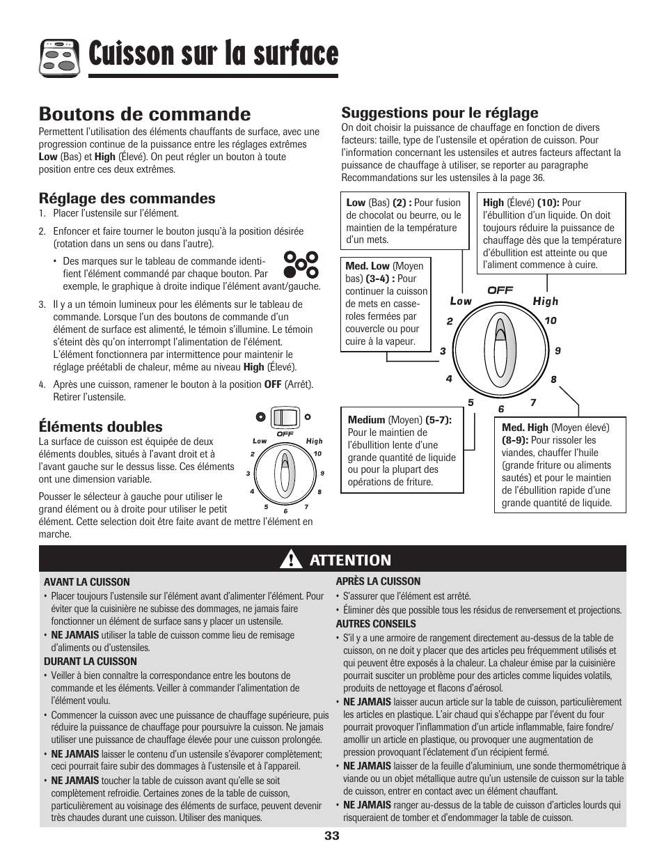 Cuisson sur la surface, Boutons de commande, Réglage des commandes | Éléments doubles, Attention suggestions pour le réglage | Amana AER5845RAW User Manual | Page 34 / 84