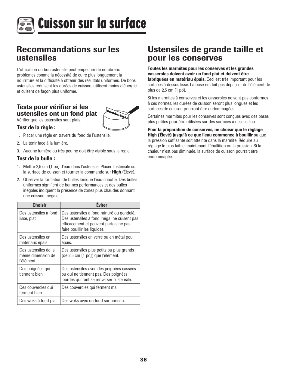 Cuisson sur la surface, Recommandations sur les ustensiles, Ustensiles de grande taille et pour les conserves | Amana AER5845RAW User Manual | Page 37 / 84