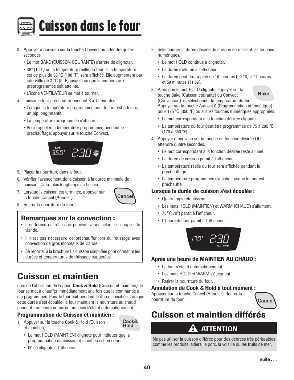 Cuisson dans le four, Cuisson et maintien, Cuisson et maintien différés | Attention, Remarques sur la convection | Amana AER5845RAW User Manual | Page 41 / 84