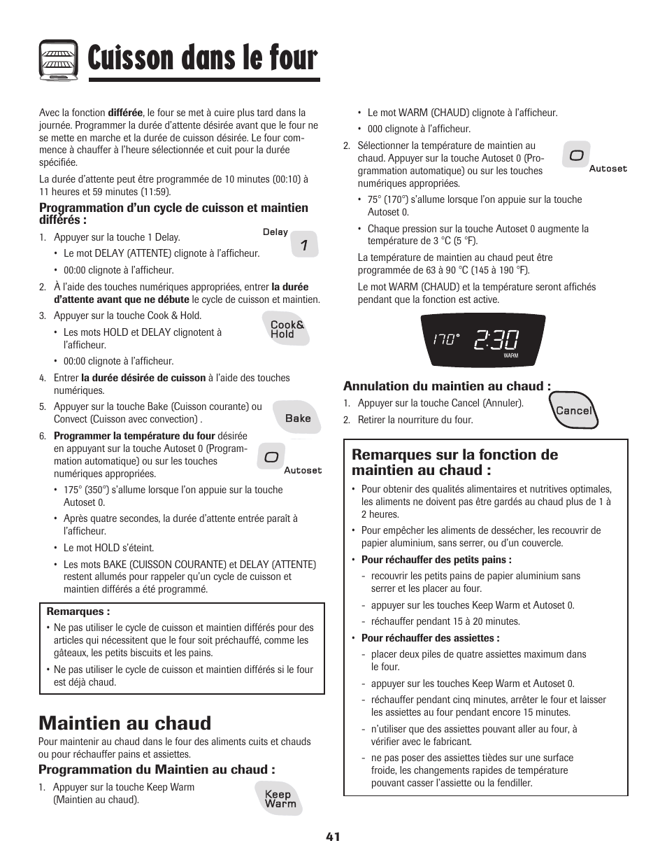Cuisson dans le four, Maintien au chaud, Remarques sur la fonction de maintien au chaud | Amana AER5845RAW User Manual | Page 42 / 84