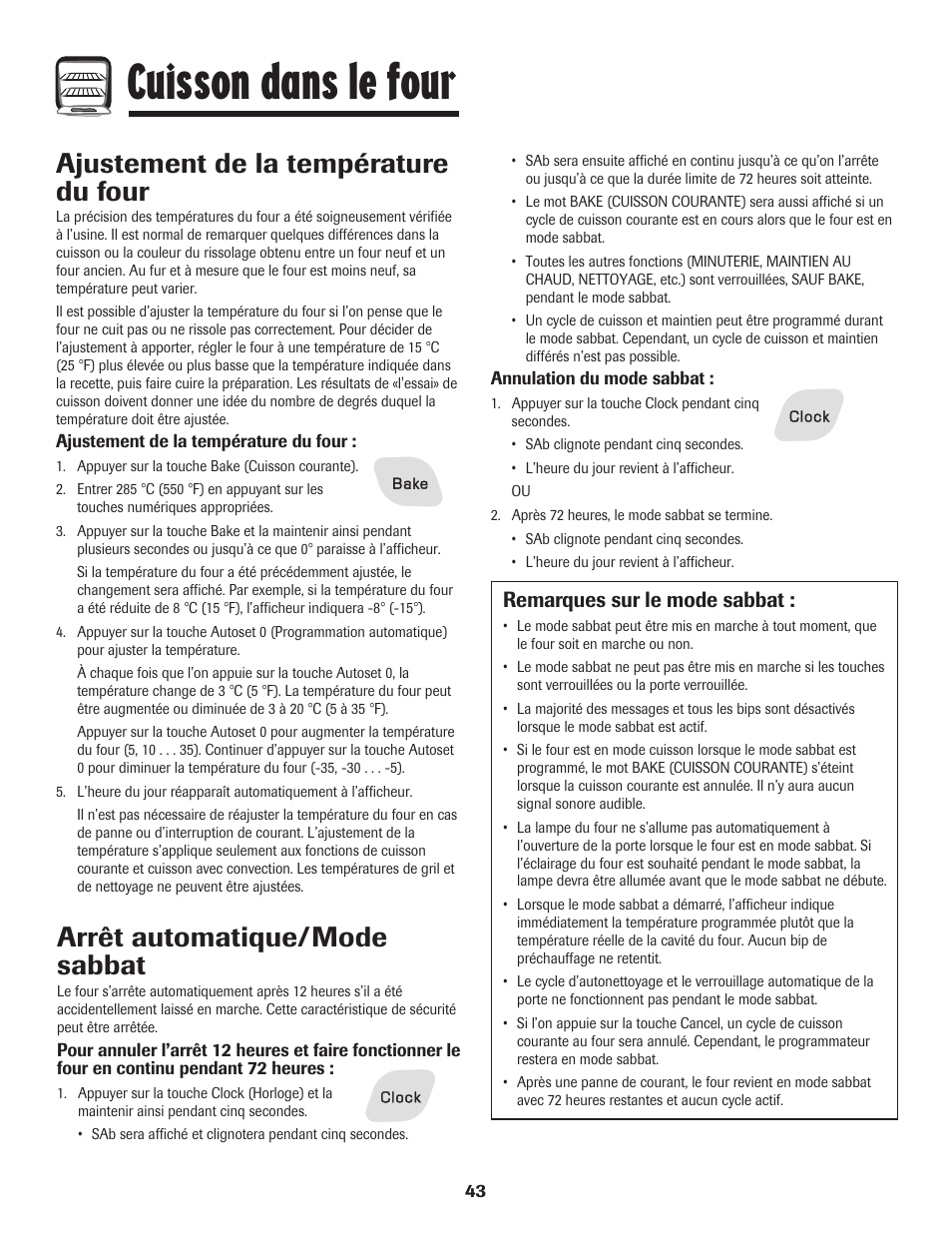 Cuisson dans le four, Arrêt automatique/mode sabbat, Ajustement de la température du four | Remarques sur le mode sabbat | Amana AER5845RAW User Manual | Page 44 / 84