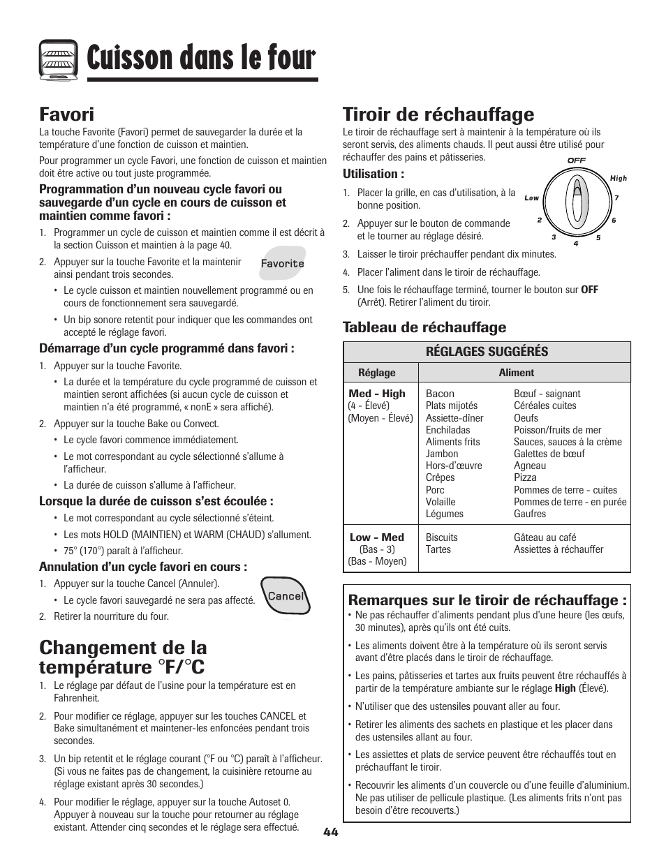 Cuisson dans le four, Favori, Tiroir de réchauffage | Changement de la température, Remarques sur le tiroir de réchauffage, Tableau de réchauffage | Amana AER5845RAW User Manual | Page 45 / 84