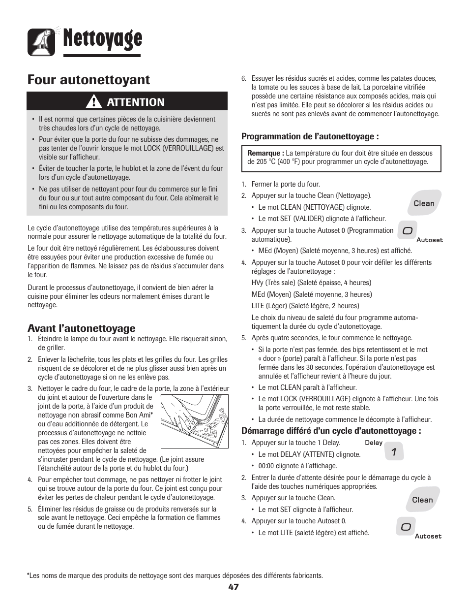 Nettoyage, Four autonettoyant, Attention | Avant l’autonettoyage | Amana AER5845RAW User Manual | Page 48 / 84
