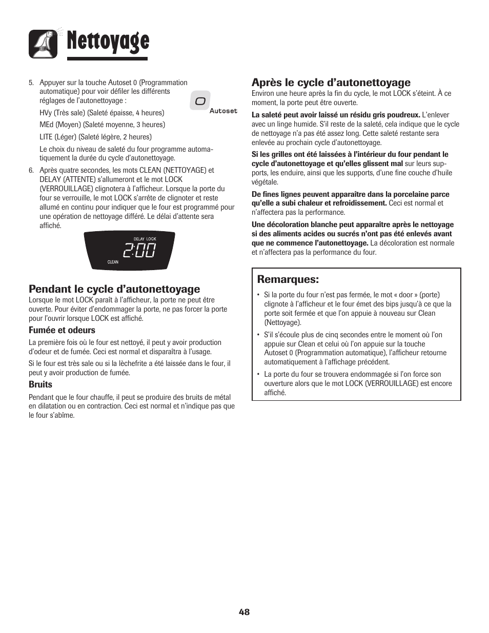 Nettoyage, Remarques, Après le cycle d’autonettoyage | Pendant le cycle d’autonettoyage | Amana AER5845RAW User Manual | Page 49 / 84