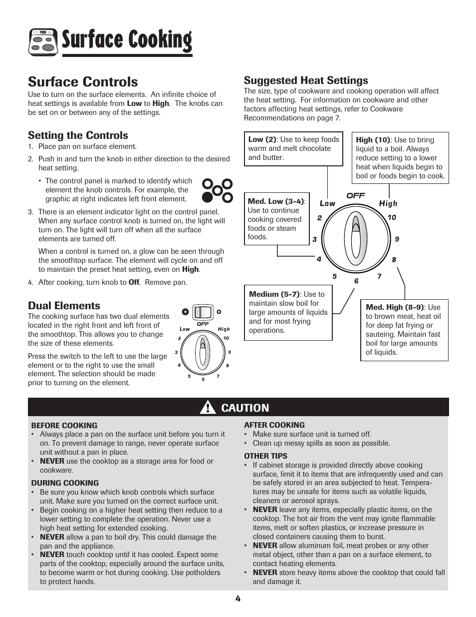 Surface cooking, Surface controls, Setting the controls | Dual elements, Caution suggested heat settings | Amana AER5845RAW User Manual | Page 5 / 84