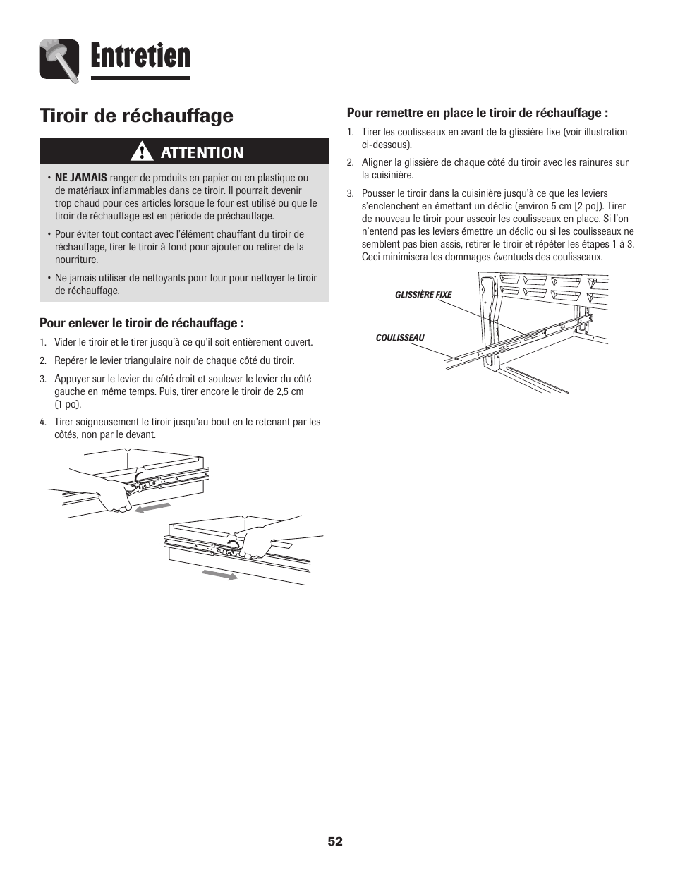 Entretien, Tiroir de réchauffage, Attention | Amana AER5845RAW User Manual | Page 53 / 84