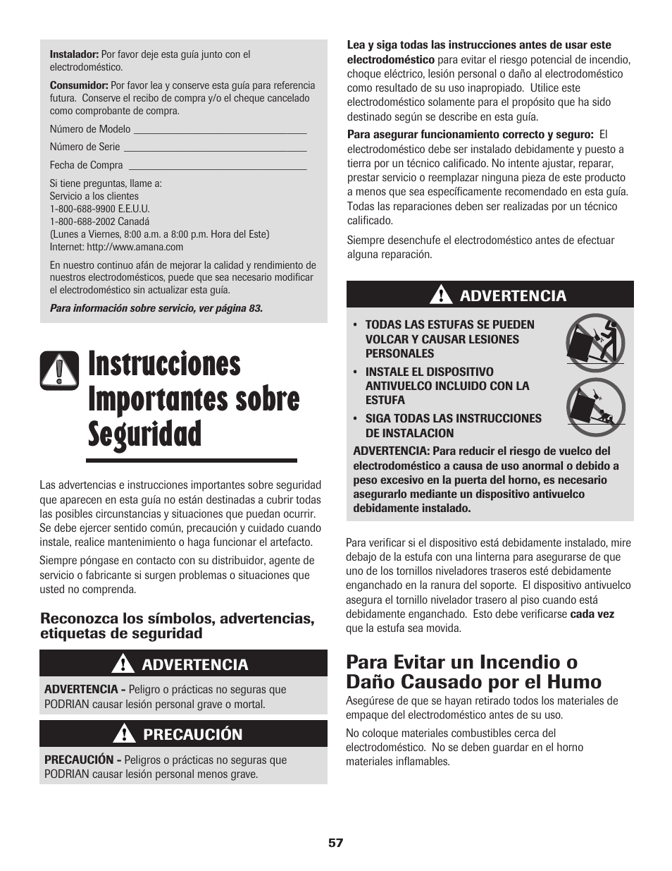 Instrucciones importantes sobre seguridad, Para evitar un incendio o daño causado por el humo | Amana AER5845RAW User Manual | Page 58 / 84