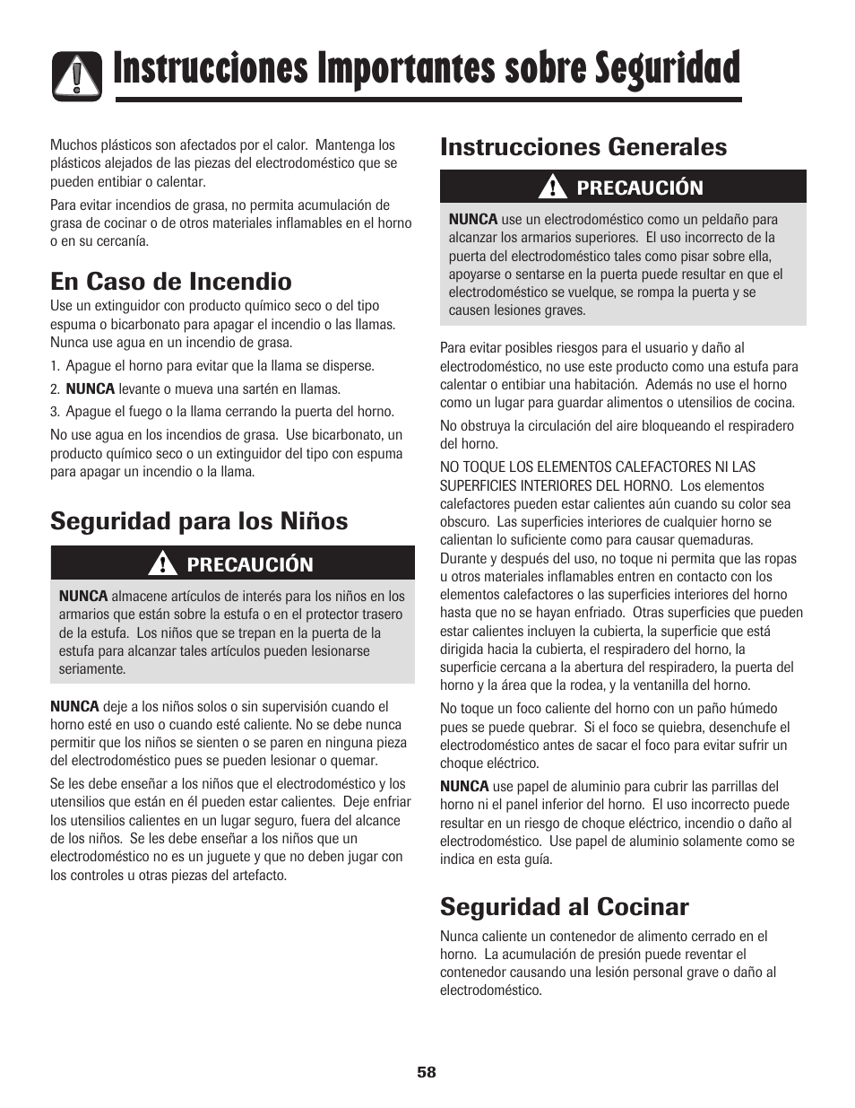 Instrucciones importantes sobre seguridad, En caso de incendio, Seguridad para los niños instrucciones generales | Seguridad al cocinar | Amana AER5845RAW User Manual | Page 59 / 84