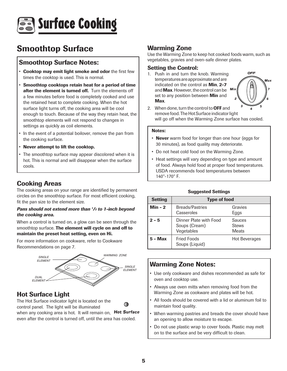 Surface cooking, Smoothtop surface, Cooking areas | Hot surface light, Warming zone | Amana AER5845RAW User Manual | Page 6 / 84