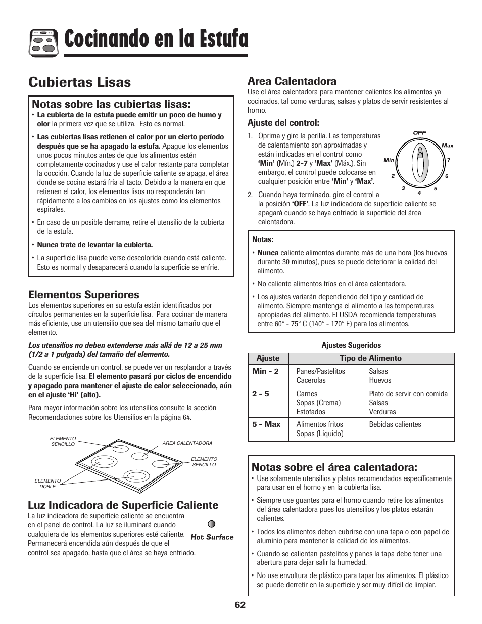 Cocinando en la estufa, Cubiertas lisas, Notas sobre las cubiertas lisas | Elementos superiores, Area calentadora, Notas sobre el área calentadora, Luz indicadora de superficie caliente | Amana AER5845RAW User Manual | Page 63 / 84