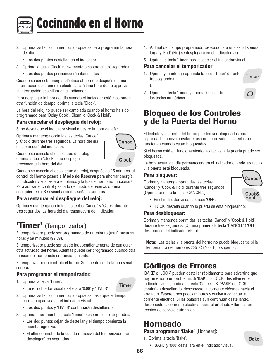 Cocinando en el horno, Bloqueo de los controles y de la puerta del horno, Códigos de errores | Timer, Horneado, Temporizador) | Amana AER5845RAW User Manual | Page 67 / 84