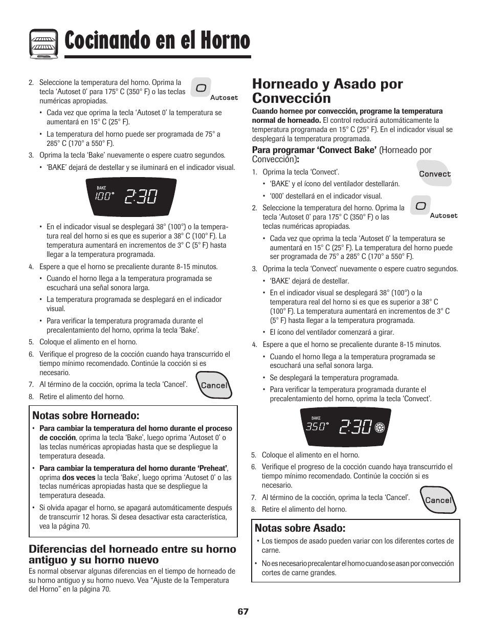 Cocinando en el horno, Horneado y asado por convección, Notas sobre horneado | Notas sobre asado | Amana AER5845RAW User Manual | Page 68 / 84