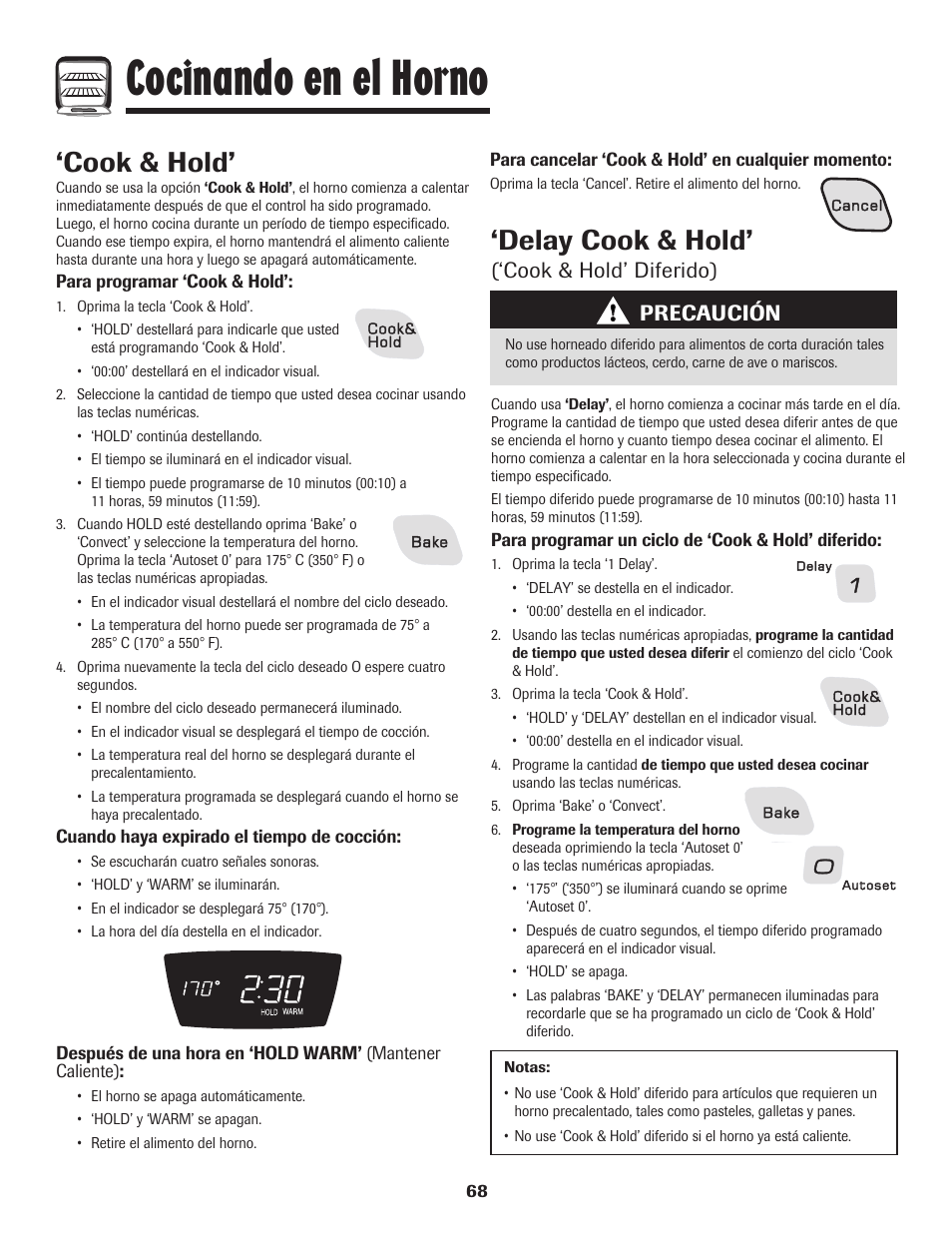 Cocinando en el horno, Cook & hold, Delay cook & hold | Cook & hold’ diferido), Precaución | Amana AER5845RAW User Manual | Page 69 / 84