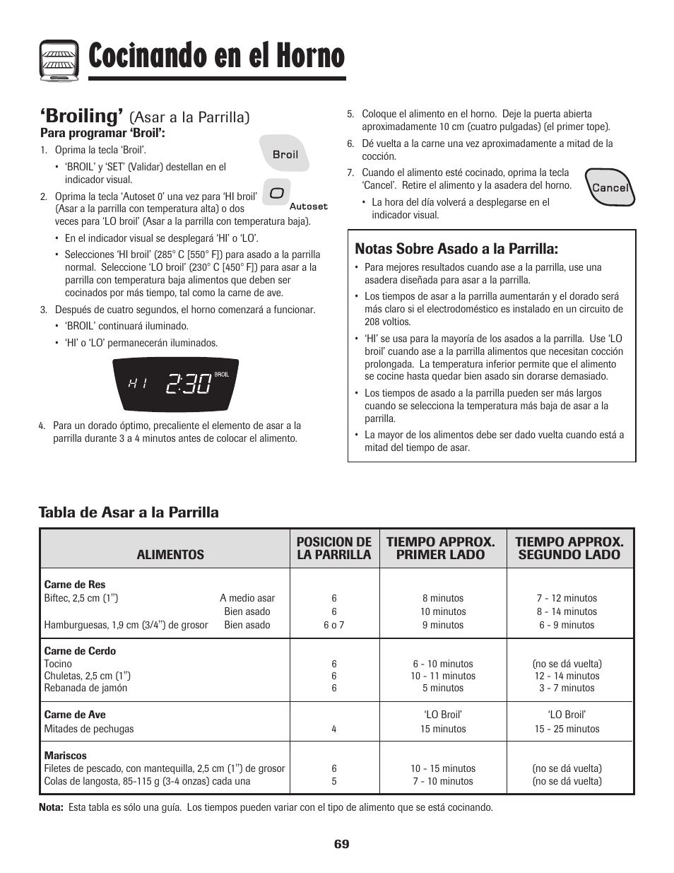 Cocinando en el horno, Broiling, Asar a la parrilla) | Notas sobre asado a la parrilla, Tabla de asar a la parrilla | Amana AER5845RAW User Manual | Page 70 / 84