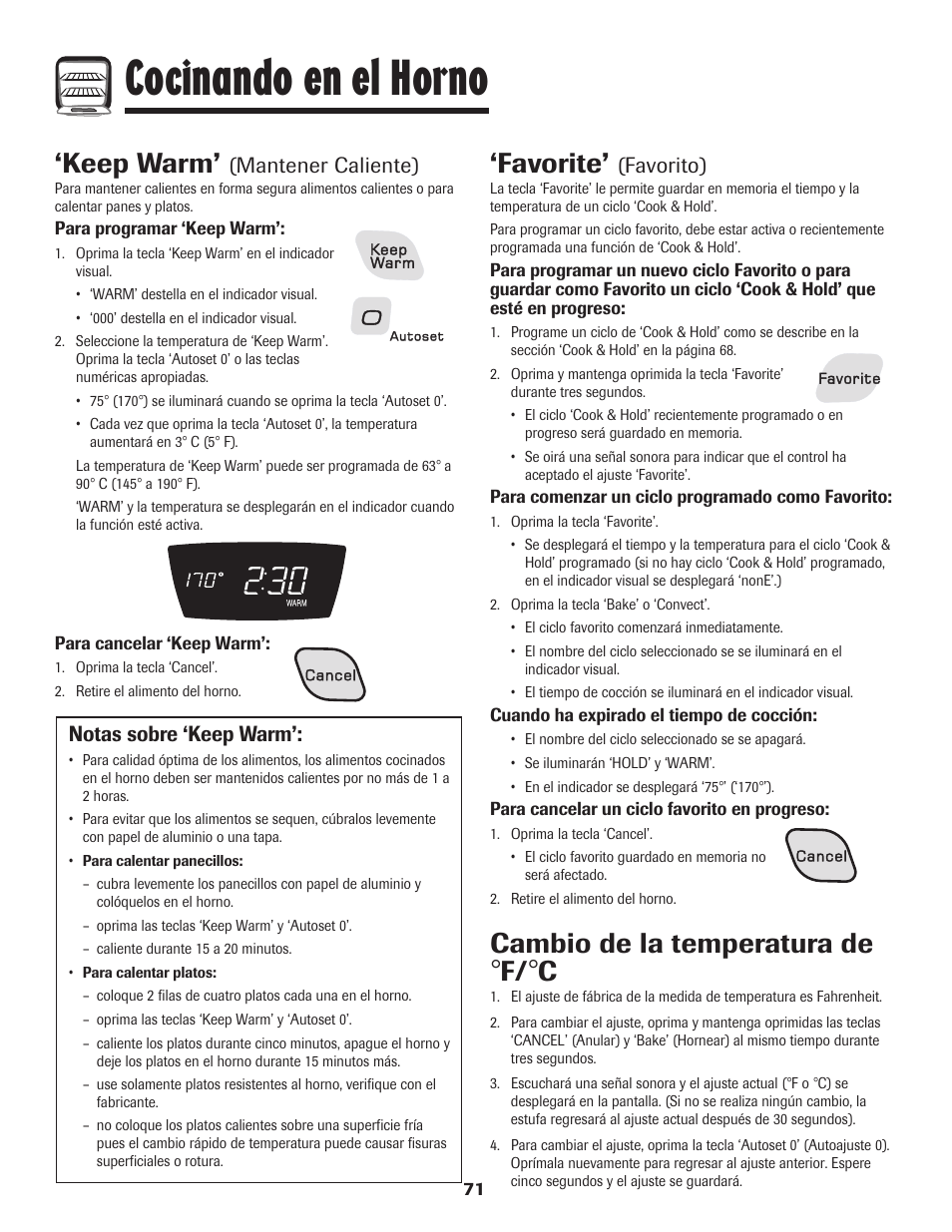 Cocinando en el horno, Favorite, Keep warm | Cambio de la temperatura de, Favorito), Mantener caliente), Notas sobre ‘keep warm | Amana AER5845RAW User Manual | Page 72 / 84