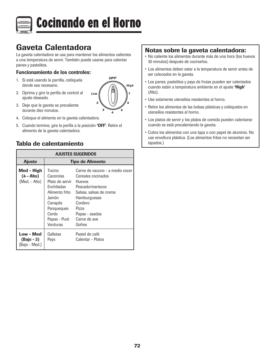 Cocinando en el horno, Gaveta calentadora, Notas sobre la gaveta calentadora | Tabla de calentamiento | Amana AER5845RAW User Manual | Page 73 / 84