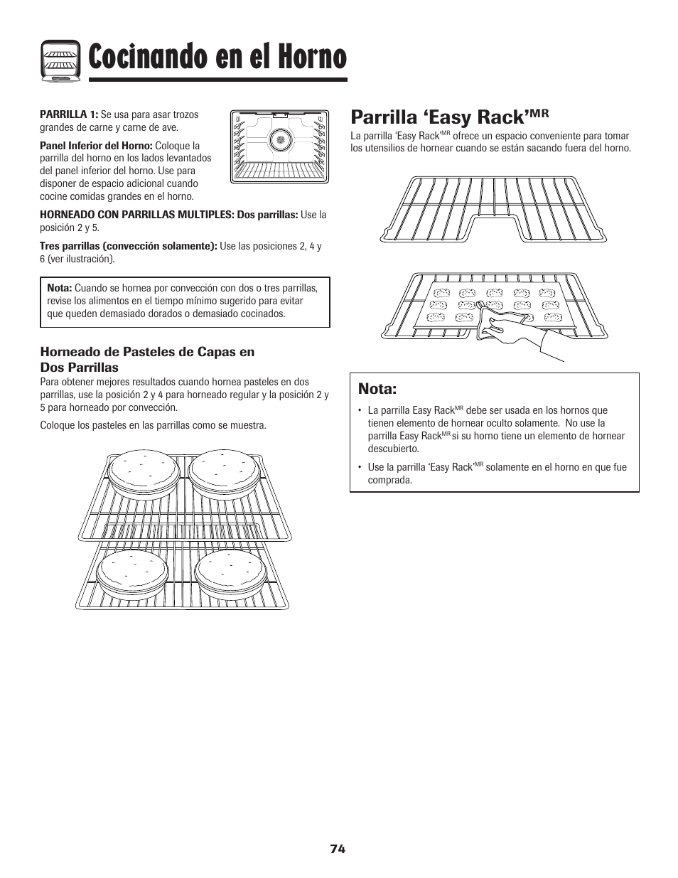 Cocinando en el horno, Parrilla ‘easy rack, Nota | Amana AER5845RAW User Manual | Page 75 / 84