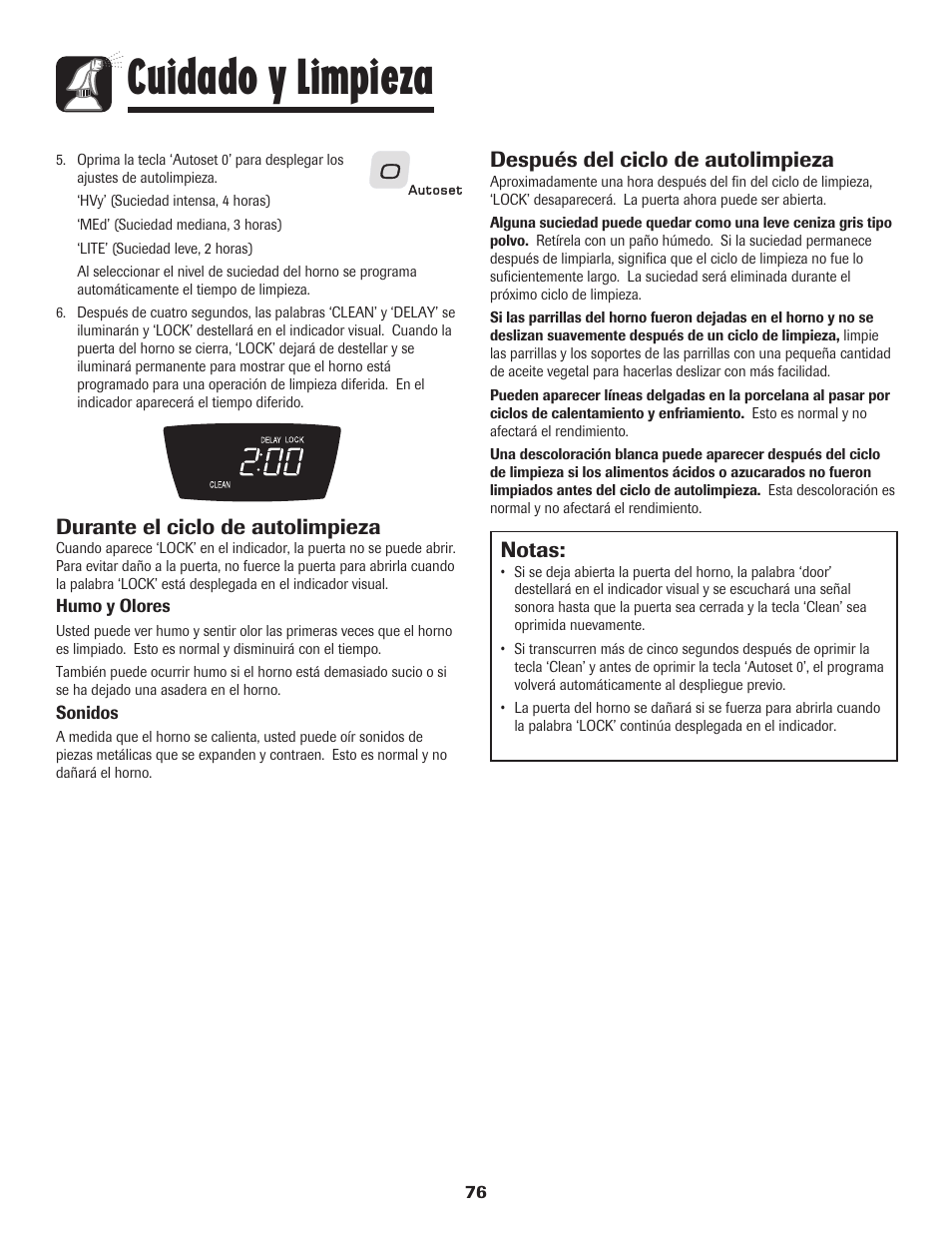 Cuidado y limpieza, Notas, Después del ciclo de autolimpieza | Durante el ciclo de autolimpieza | Amana AER5845RAW User Manual | Page 77 / 84
