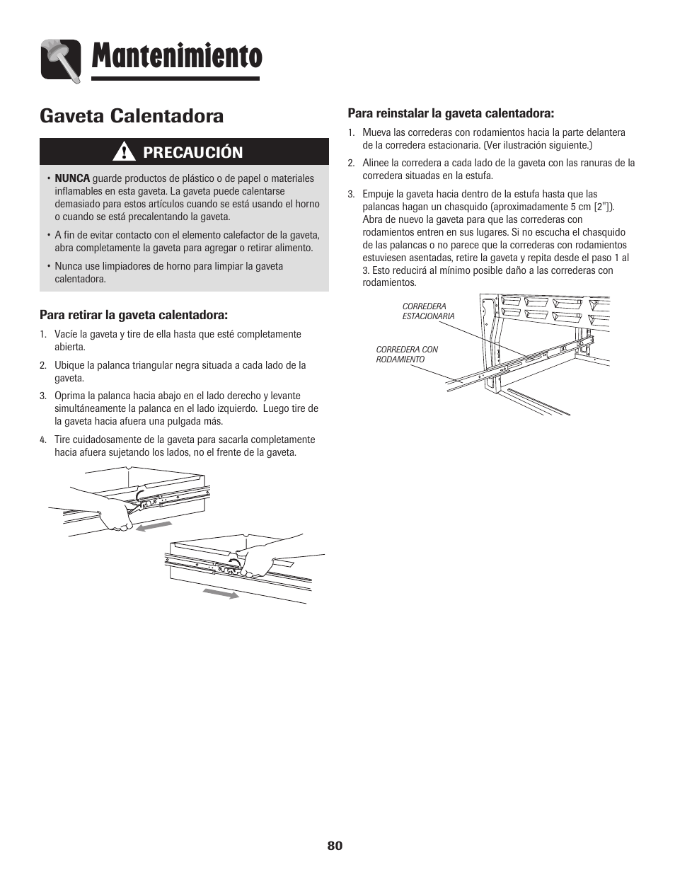 Mantenimiento, Gaveta calentadora, Precaución | Amana AER5845RAW User Manual | Page 81 / 84