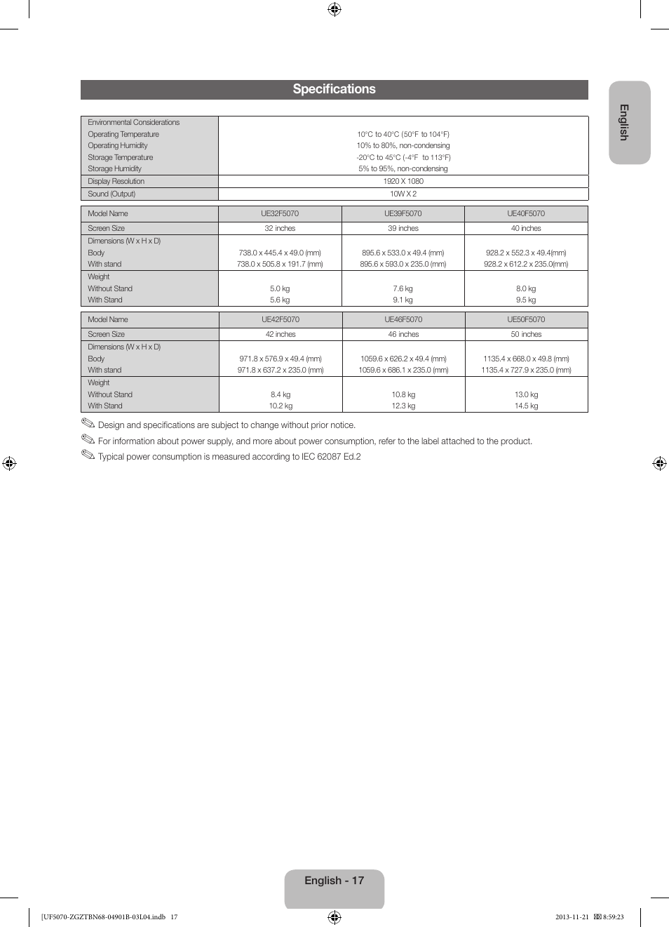 Specifications | Samsung UE50F5070SS User Manual | Page 17 / 75