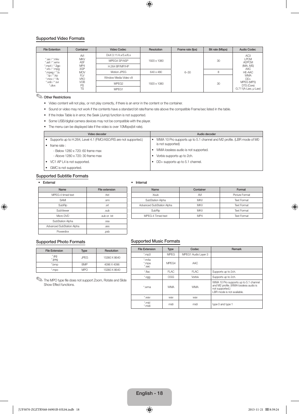 English - 18 | Samsung UE50F5070SS User Manual | Page 18 / 75