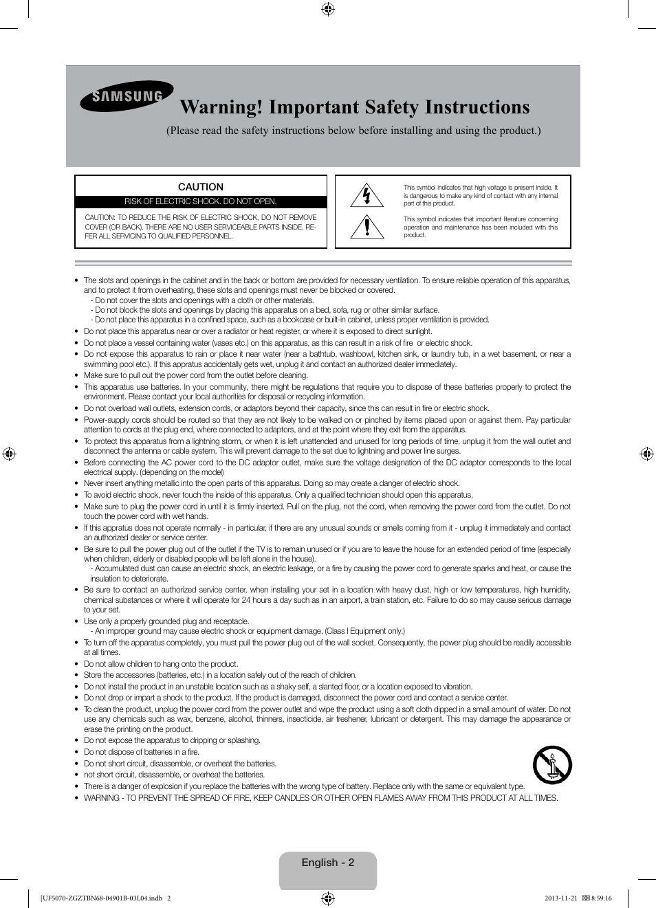 Warning! important safety instructions | Samsung UE50F5070SS User Manual | Page 2 / 75