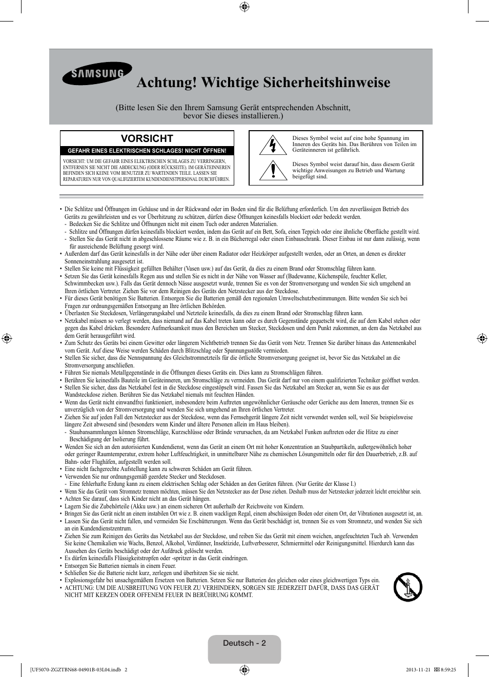Achtung! wichtige sicherheitshinweise, Vorsicht | Samsung UE50F5070SS User Manual | Page 20 / 75