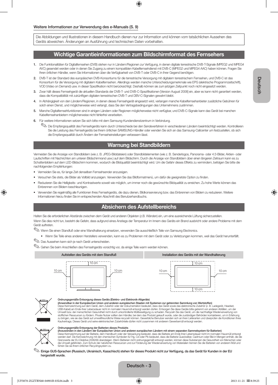 Warnung bei standbildern, Absichern des aufstellbereichs | Samsung UE50F5070SS User Manual | Page 21 / 75