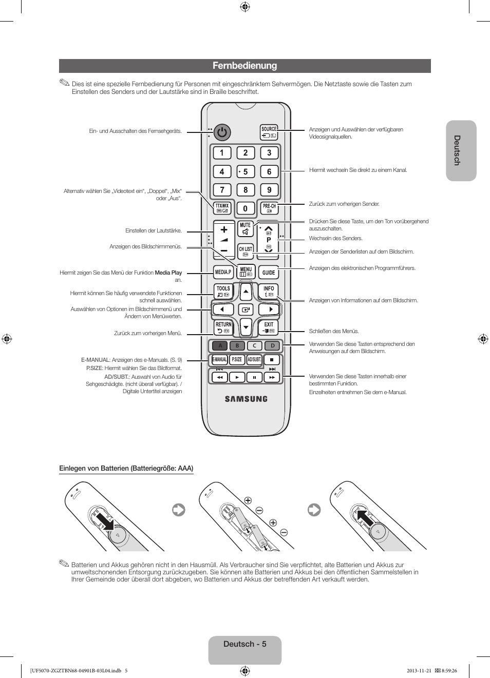 Fernbedienung | Samsung UE50F5070SS User Manual | Page 23 / 75
