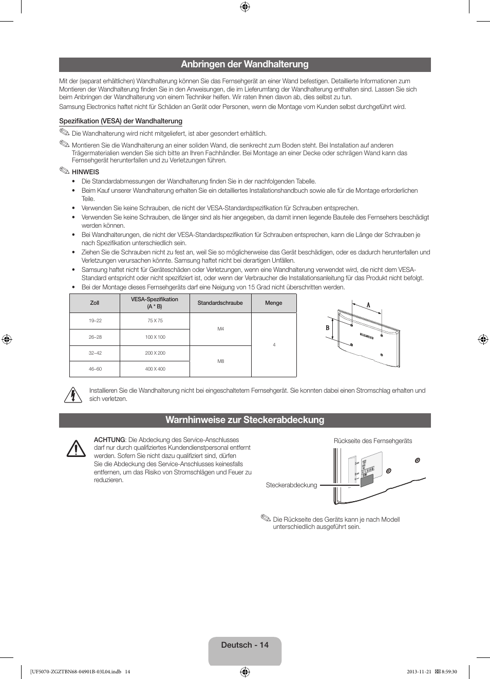 Anbringen der wandhalterung, Warnhinweise zur steckerabdeckung | Samsung UE50F5070SS User Manual | Page 32 / 75