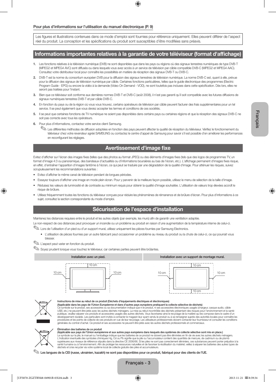 Avertissement d’image fixe, Sécurisation de l’espace d’installation | Samsung UE50F5070SS User Manual | Page 39 / 75