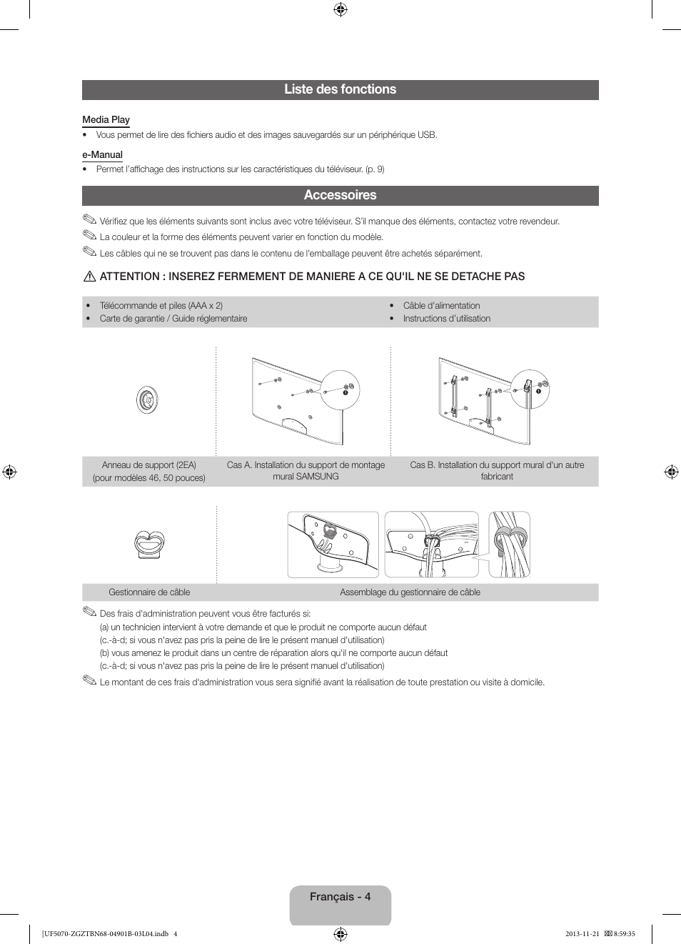 Liste des fonctions, Accessoires | Samsung UE50F5070SS User Manual | Page 40 / 75