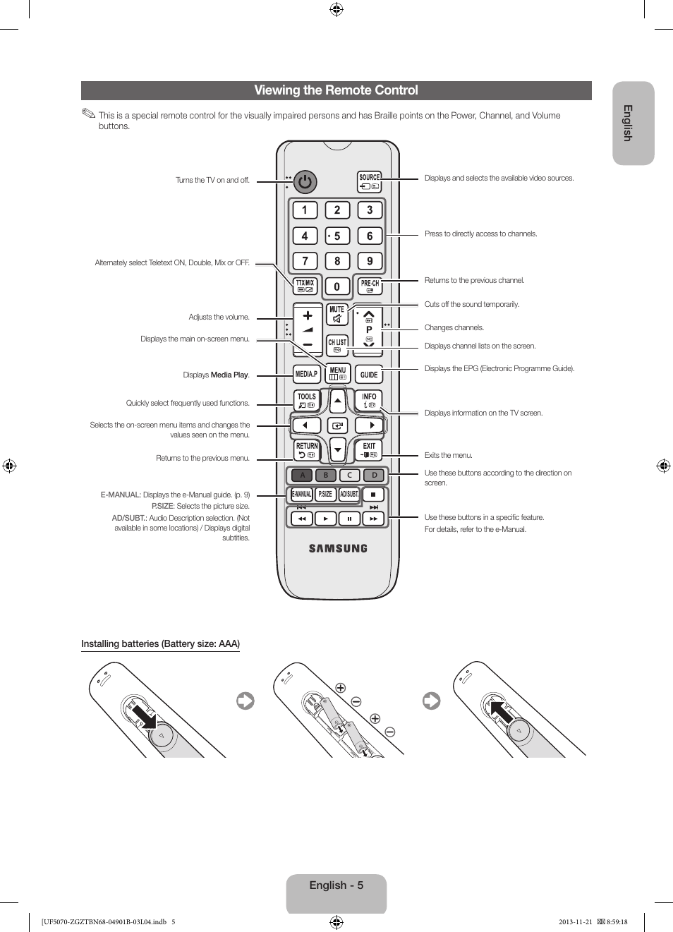 Viewing the remote control | Samsung UE50F5070SS User Manual | Page 5 / 75