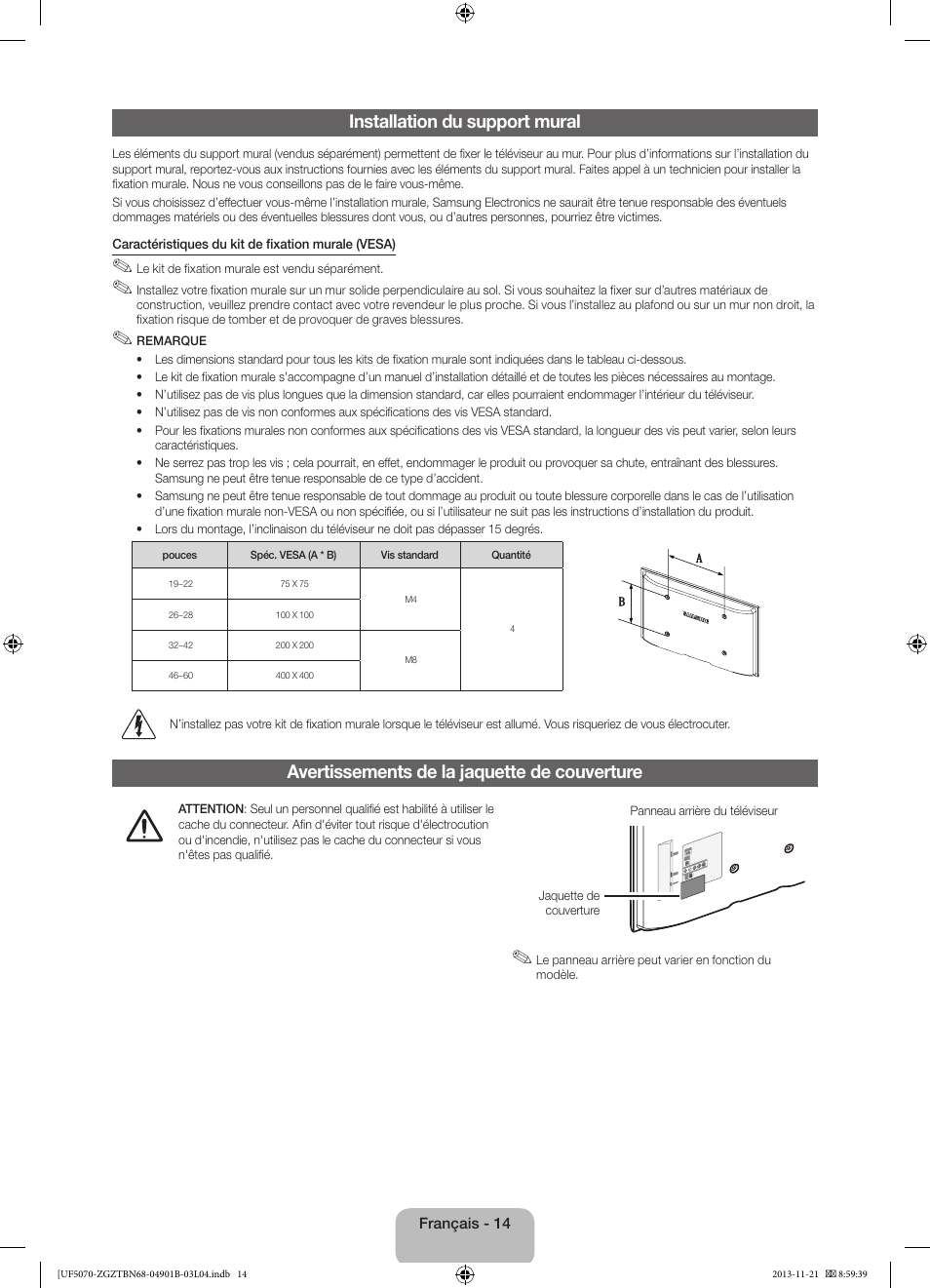 Installation du support mural, Avertissements de la jaquette de couverture | Samsung UE50F5070SS User Manual | Page 50 / 75