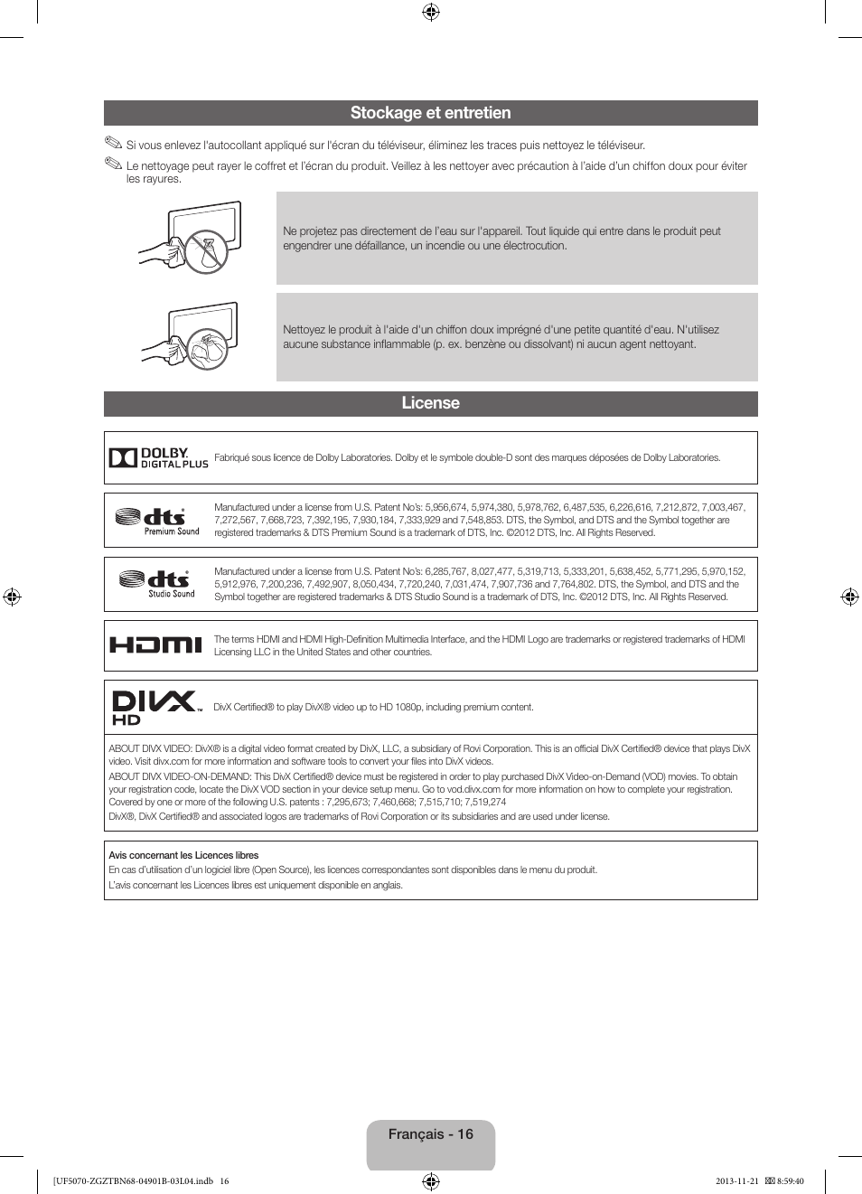 Stockage et entretien, License | Samsung UE50F5070SS User Manual | Page 52 / 75