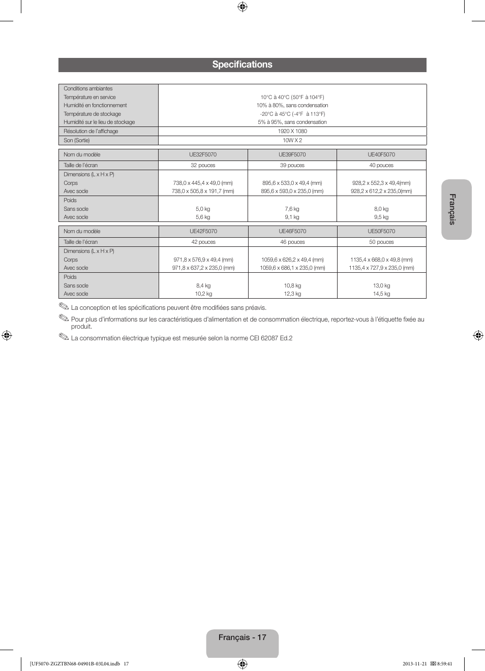 Specifications | Samsung UE50F5070SS User Manual | Page 53 / 75