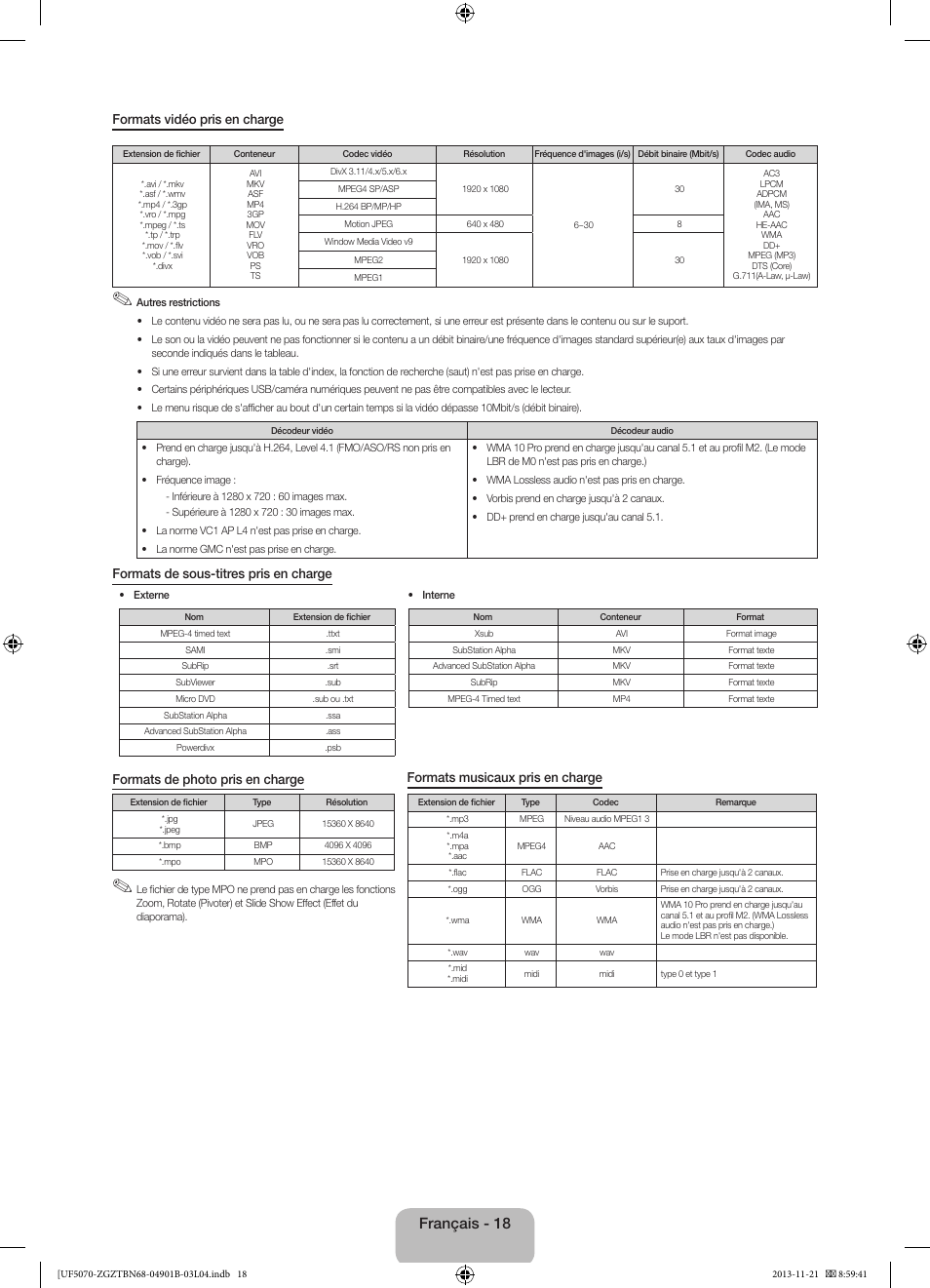 Français - 18 | Samsung UE50F5070SS User Manual | Page 54 / 75