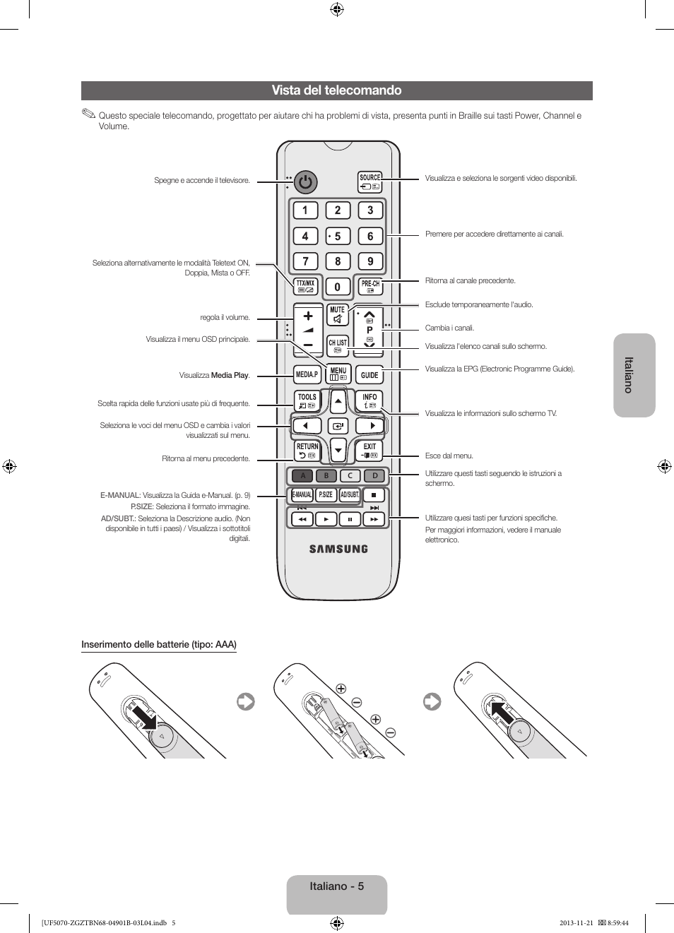 Vista del telecomando | Samsung UE50F5070SS User Manual | Page 59 / 75