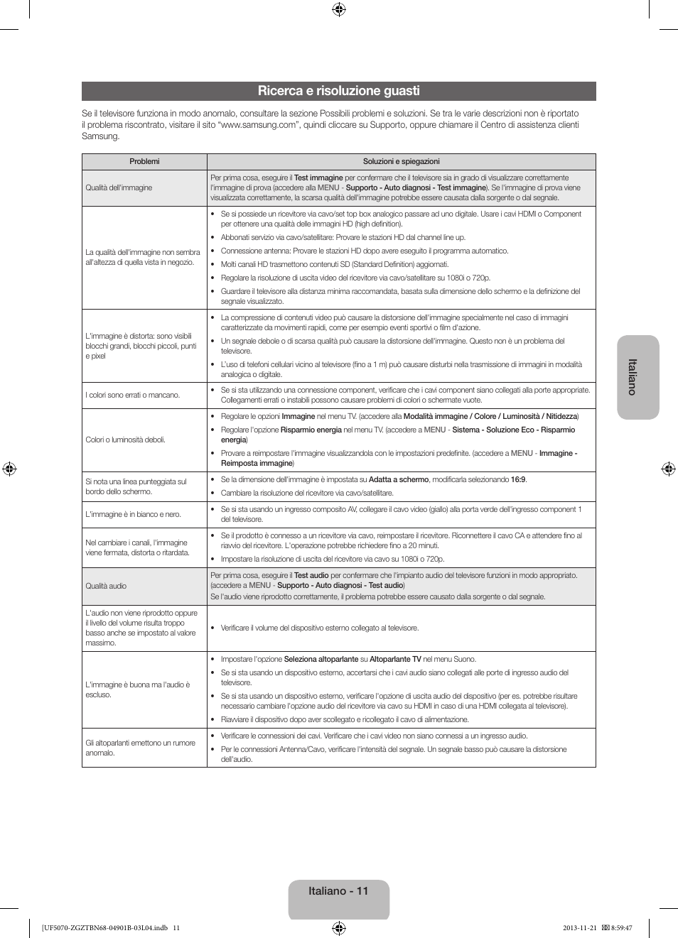 Ricerca e risoluzione guasti, Italiano, Italiano - 11 | Samsung UE50F5070SS User Manual | Page 65 / 75