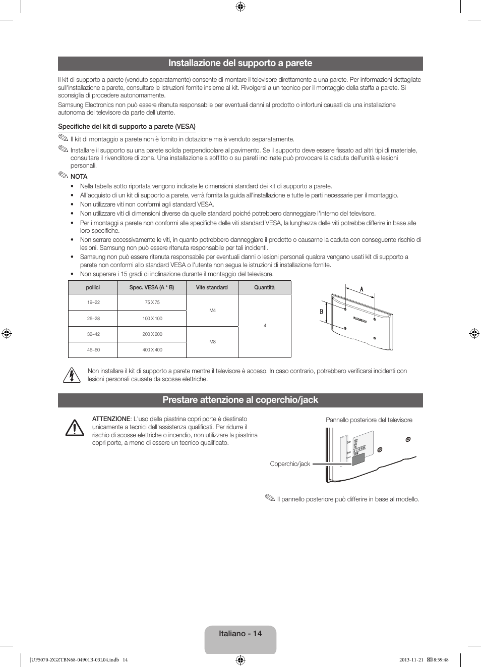 Installazione del supporto a parete, Prestare attenzione al coperchio/jack | Samsung UE50F5070SS User Manual | Page 68 / 75